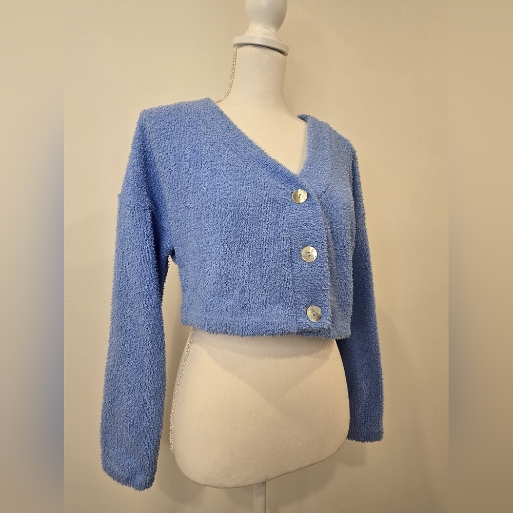 NWT Blue V-Neck Button-Up Women Sweater - Picture 7 of 9